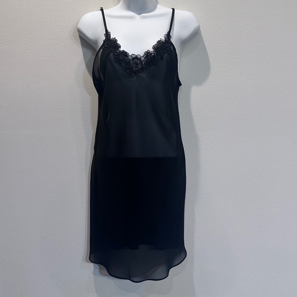 Secret Treasures Other - Secret Treasures Black Lace Trim Sheer Beaded Chemise Slip Dress‎ Women's Small